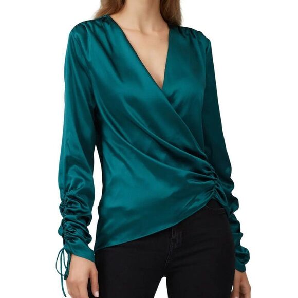 Jonathan Simkhai Green silk wrap asymetrical blouse EUC Size large - Picture 3 of 14